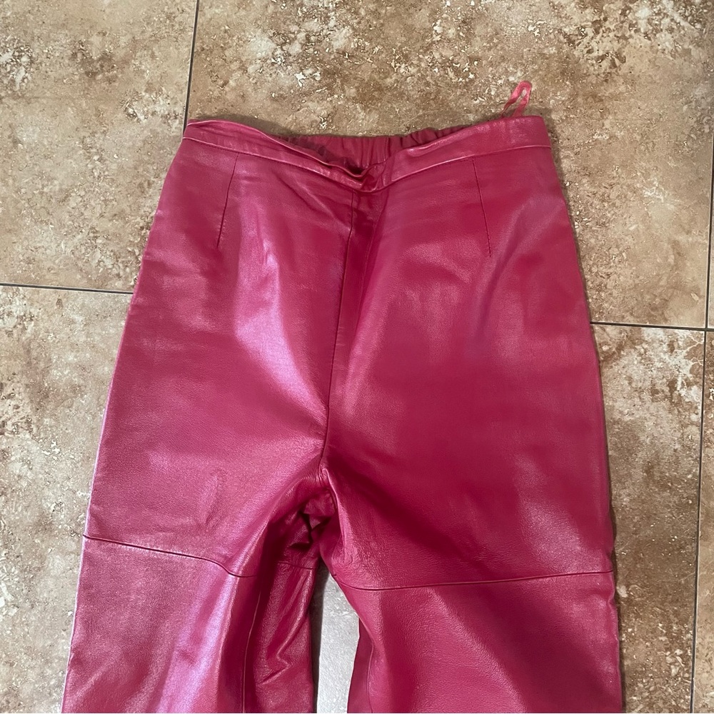 High waisted leather red pants motorcycle chaps side zipper - Picture 9 of 10